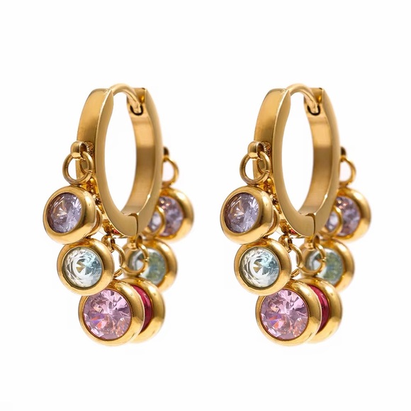 Gold plated Stainless Steel Hoop Dangle Earrings with Charms-Silver Multicolor - Picture 9 of 11